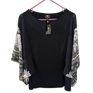 NWT JM Collection Floral Printed Kimono Overlay Sleeves Deep Black Comb Blouse M